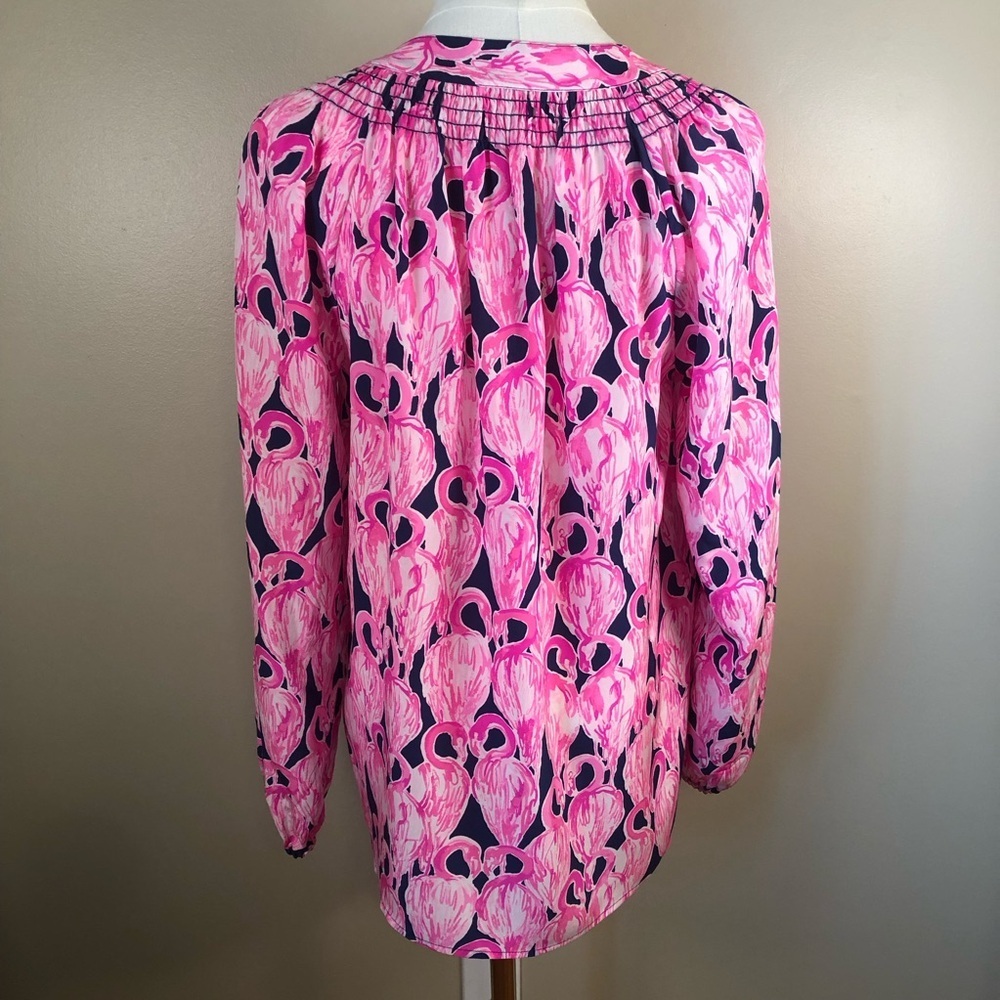 Lilly Pulitzer 100% Silk Pink & Black Long Sleeve Blouse w/ Mandarin Collar Sz S - Picture 2 of 10